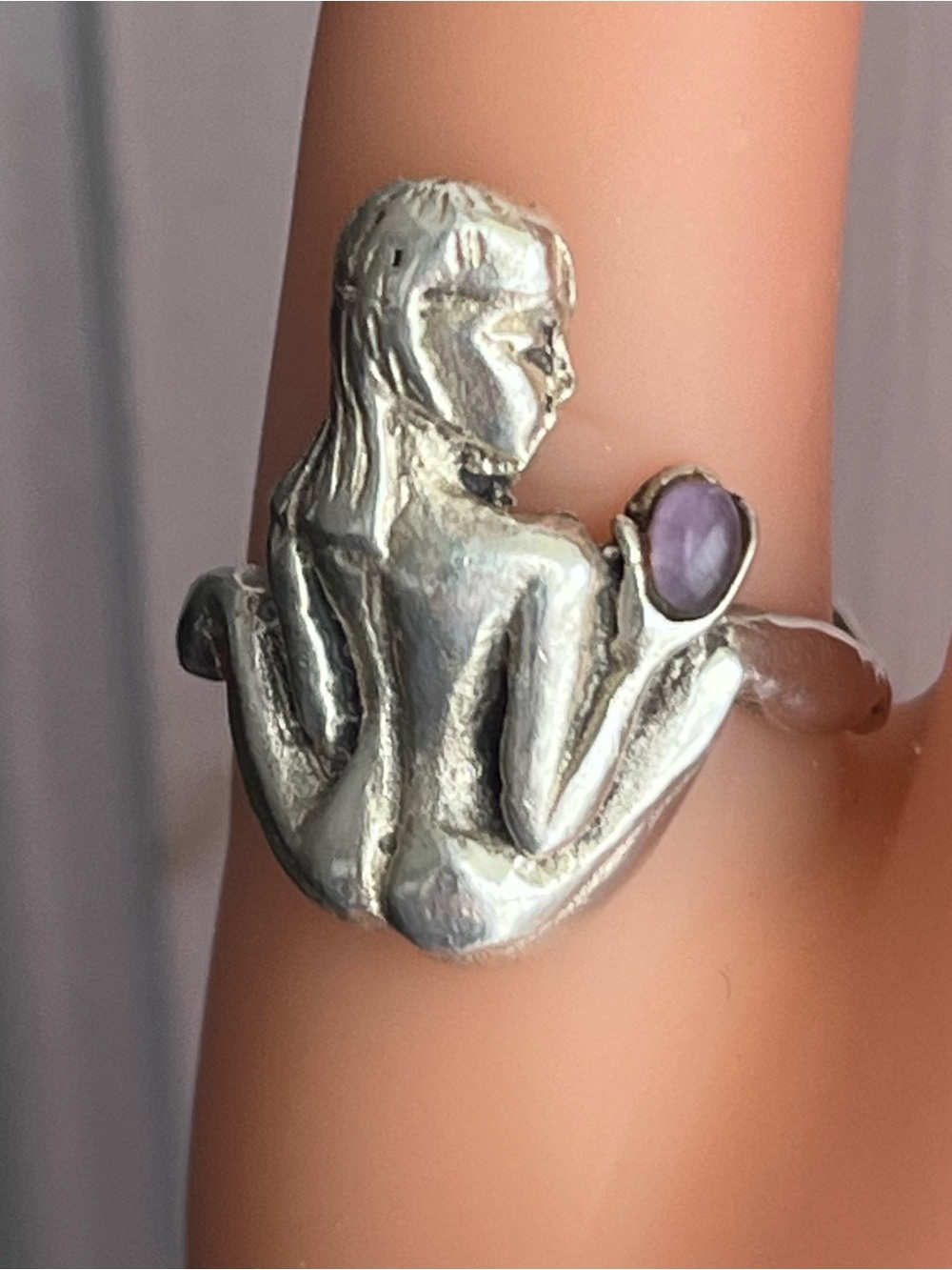 Vintage Sterling Silver & Amethyst Nude Woman Ring size 6
